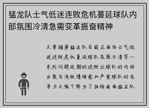 猛龙队士气低迷连败危机蔓延球队内部氛围冷清急需变革振奋精神