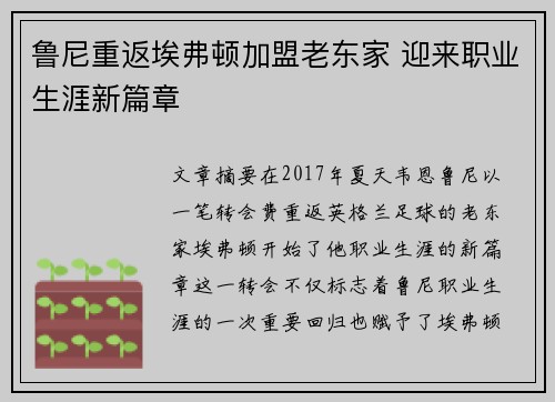 鲁尼重返埃弗顿加盟老东家 迎来职业生涯新篇章