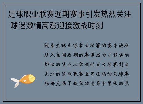 足球职业联赛近期赛事引发热烈关注 球迷激情高涨迎接激战时刻