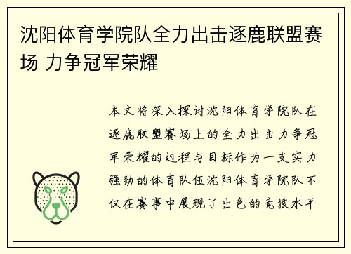 沈阳体育学院队全力出击逐鹿联盟赛场 力争冠军荣耀